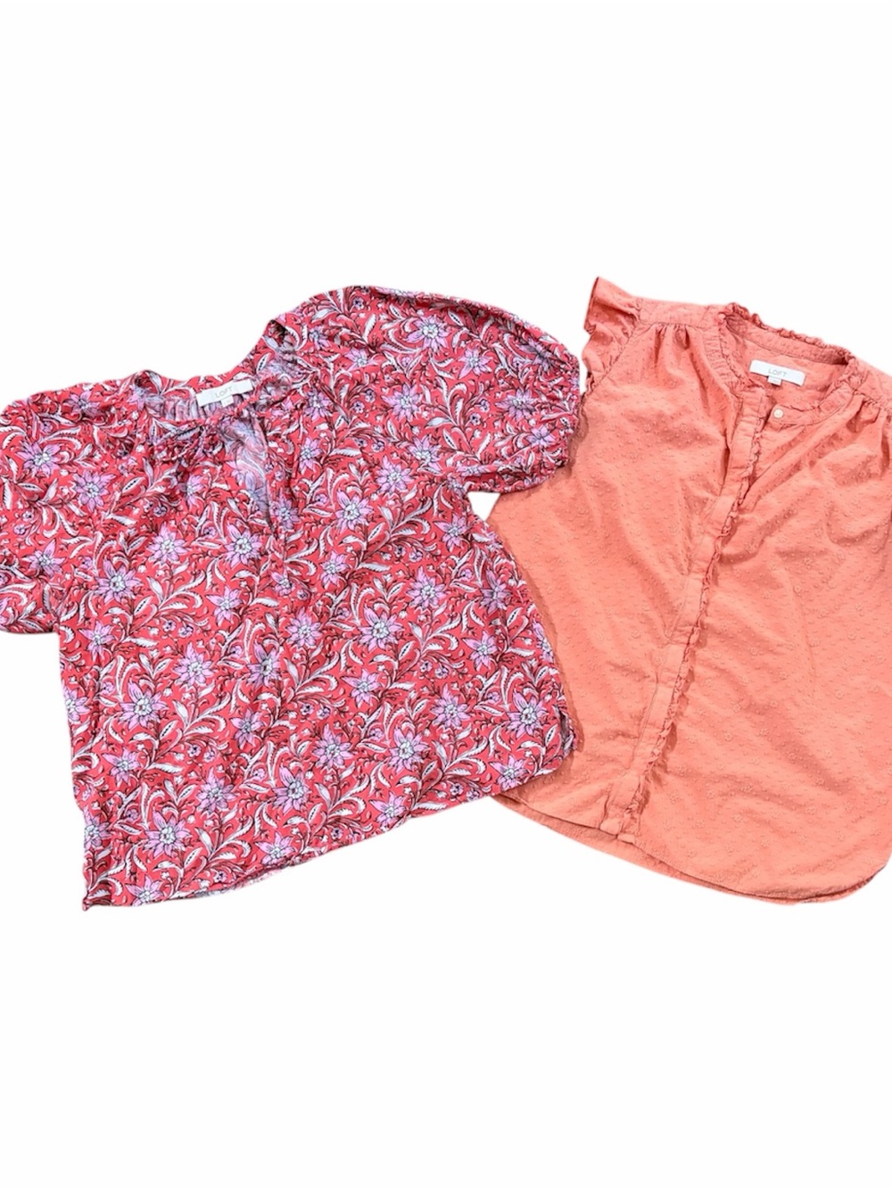 2 Loft Blouses Tops Cotton Floral Romantic Cottagecore Red Coral  Size Large